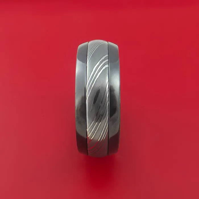 Lashbrook Rings Black Zirconium Ring with Damascus Steel Inlay and Interior Hardwood Sleeve Custom Made Band Lashbrook Rings Black Zirconium Ring with Damascus Steel Inlay and Interior Hardwood Sleeve Custom Made Band