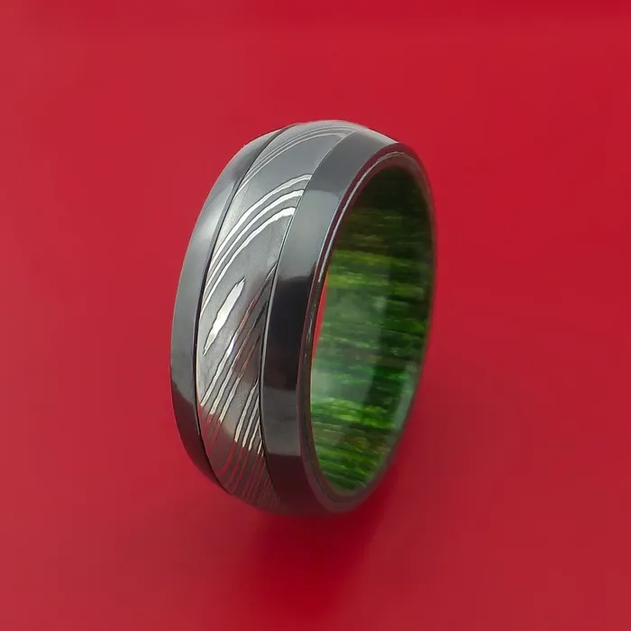 Lashbrook Rings Black Zirconium Ring with Damascus Steel Inlay and Interior Hardwood Sleeve Custom Made Band Lashbrook Rings Black Zirconium Ring with Damascus Steel Inlay and Interior Hardwood Sleeve Custom Made Band