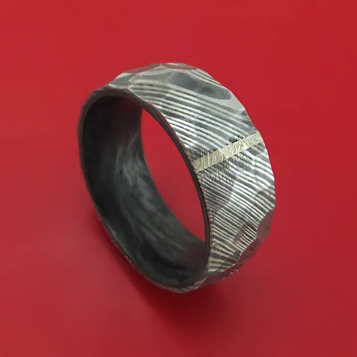 Lashbrook Rings Damascus Steel Hammered Ring with Vertical 14K Gold Inlay and Forged Carbon Fiber Sleeve Custom Made Lashbrook Rings Damascus Steel Hammered Ring with Vertical 14K Gold Inlay and Forged Carbon Fiber Sleeve Custom Made