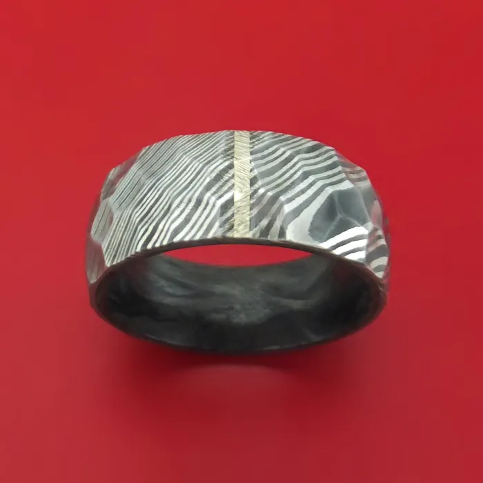 Lashbrook Rings Damascus Steel Hammered Ring with Vertical 14K Gold Inlay and Forged Carbon Fiber Sleeve Custom Made Lashbrook Rings Damascus Steel Hammered Ring with Vertical 14K Gold Inlay and Forged Carbon Fiber Sleeve Custom Made
