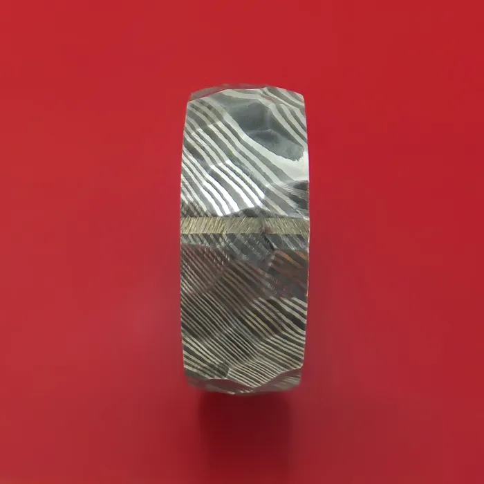 Lashbrook Rings Damascus Steel Hammered Ring with Vertical 14K Gold Inlay and Forged Carbon Fiber Sleeve Custom Made Lashbrook Rings Damascus Steel Hammered Ring with Vertical 14K Gold Inlay and Forged Carbon Fiber Sleeve Custom Made