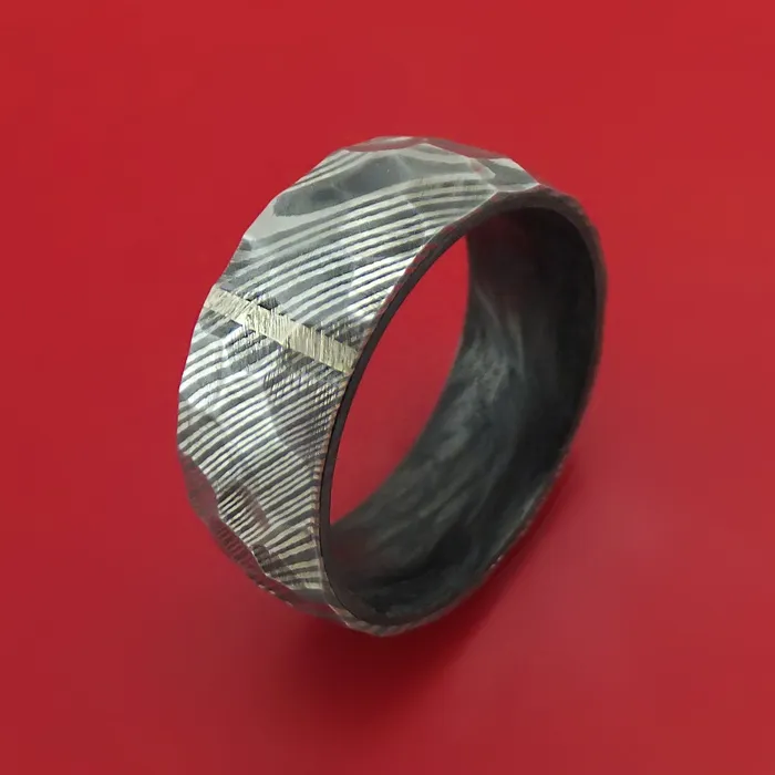 Lashbrook Rings Damascus Steel Hammered Ring with Vertical 14K Gold Inlay and Forged Carbon Fiber Sleeve Custom Made Lashbrook Rings Damascus Steel Hammered Ring with Vertical 14K Gold Inlay and Forged Carbon Fiber Sleeve Custom Made