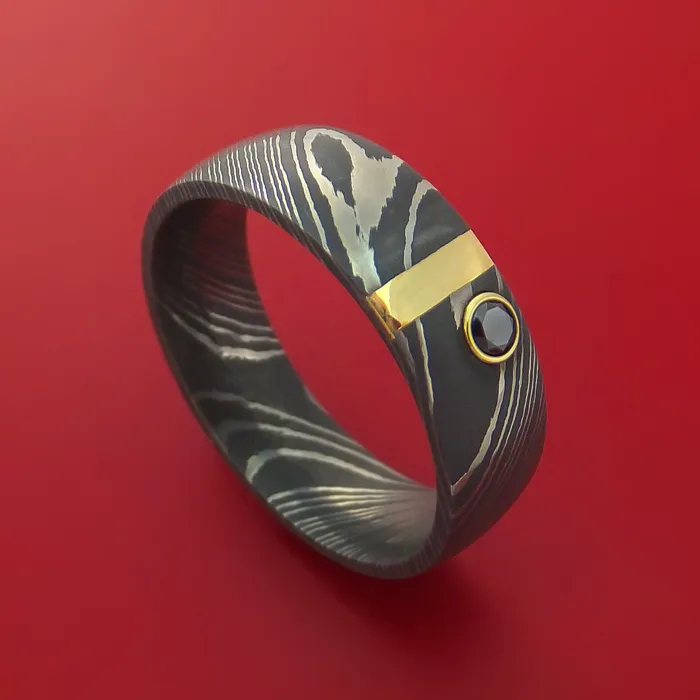 Lashbrook Rings Damascus Steel Ring with 14k Yellow Gold Inlay and Black Diamond Custom Made Band Lashbrook Rings Damascus Steel Ring with 14k Yellow Gold Inlay and Black Diamond Custom Made Band