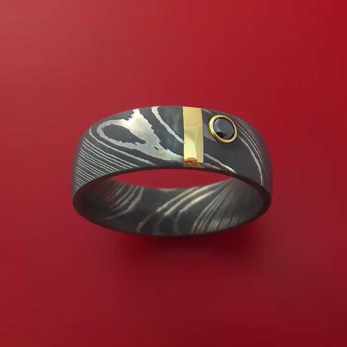 Lashbrook Rings Damascus Steel Ring with 14k Yellow Gold Inlay and Black Diamond Custom Made Band Lashbrook Rings Damascus Steel Ring with 14k Yellow Gold Inlay and Black Diamond Custom Made Band