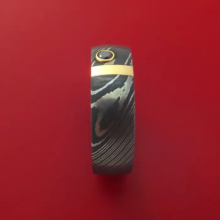 Lashbrook Rings Damascus Steel Ring with 14k Yellow Gold Inlay and Black Diamond Custom Made Band Lashbrook Rings Damascus Steel Ring with 14k Yellow Gold Inlay and Black Diamond Custom Made Band