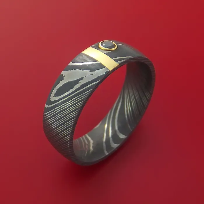 Lashbrook Rings Damascus Steel Ring with 14k Yellow Gold Inlay and Black Diamond Custom Made Band Lashbrook Rings Damascus Steel Ring with 14k Yellow Gold Inlay and Black Diamond Custom Made Band
