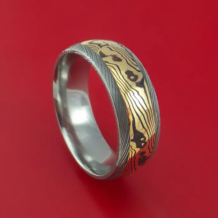 Lashbrook Rings Damascus Steel Ring with 18K Yellow Gold Shakudo Mokume Custom Made Band Lashbrook Rings Damascus Steel Ring with 18K Yellow Gold Shakudo Mokume Custom Made Band