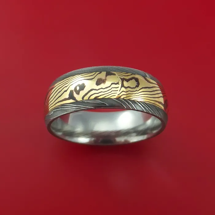 Lashbrook Rings Damascus Steel Ring with 18K Yellow Gold Shakudo Mokume Custom Made Band Lashbrook Rings Damascus Steel Ring with 18K Yellow Gold Shakudo Mokume Custom Made Band