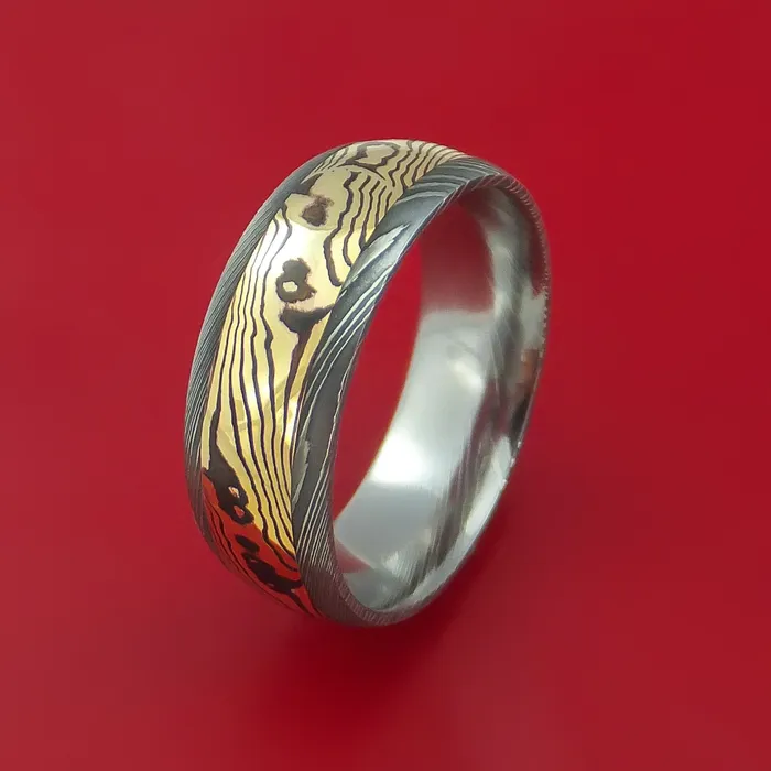 Lashbrook Rings Damascus Steel Ring with 18K Yellow Gold Shakudo Mokume Custom Made Band Lashbrook Rings Damascus Steel Ring with 18K Yellow Gold Shakudo Mokume Custom Made Band