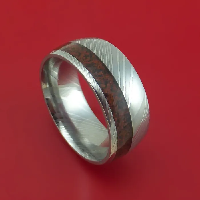 Lashbrook Rings Damascus Steel Ring with Dinosaur Bone Inlay Custom Made Band Lashbrook Rings Damascus Steel Ring with Dinosaur Bone Inlay Custom Made Band