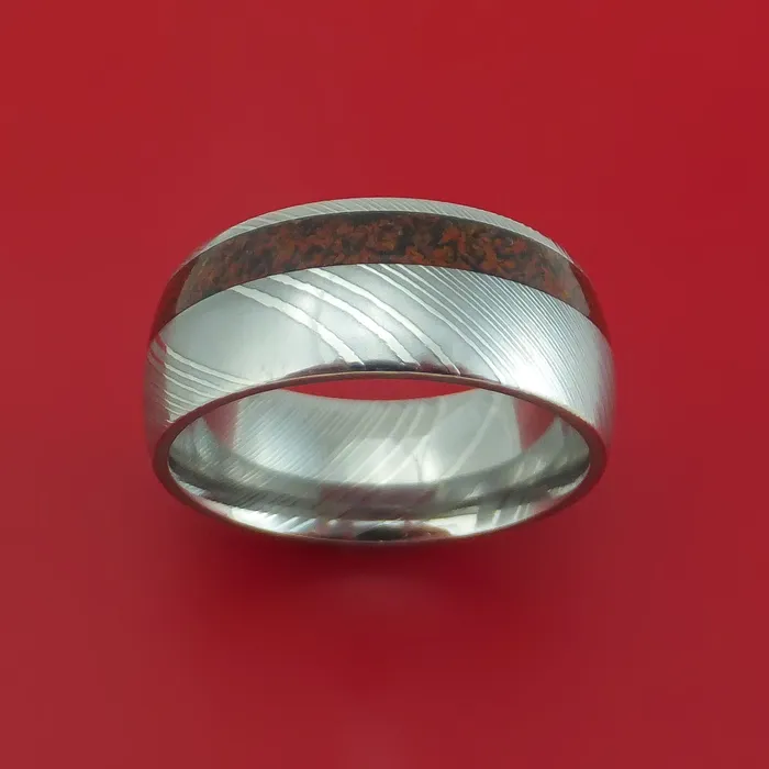 Lashbrook Rings Damascus Steel Ring with Dinosaur Bone Inlay Custom Made Band Lashbrook Rings Damascus Steel Ring with Dinosaur Bone Inlay Custom Made Band