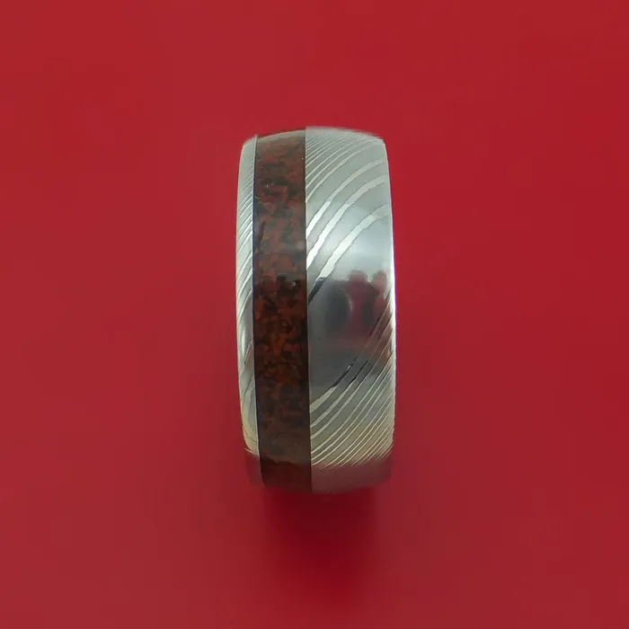 Lashbrook Rings Damascus Steel Ring with Dinosaur Bone Inlay Custom Made Band Lashbrook Rings Damascus Steel Ring with Dinosaur Bone Inlay Custom Made Band