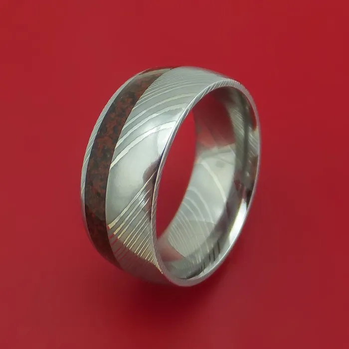 Lashbrook Rings Damascus Steel Ring with Dinosaur Bone Inlay Custom Made Band Lashbrook Rings Damascus Steel Ring with Dinosaur Bone Inlay Custom Made Band