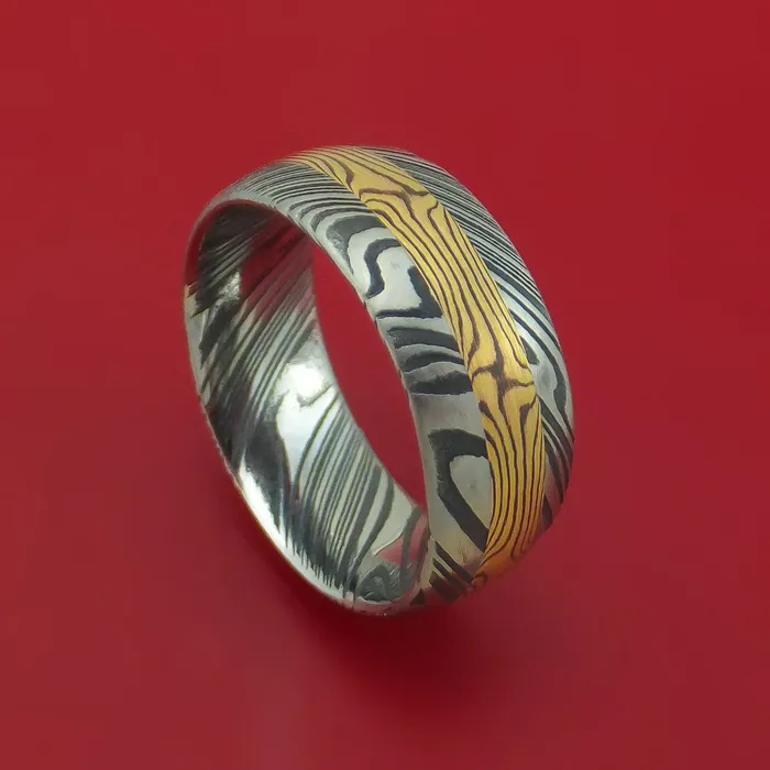 Lashbrook Rings Kuro Damascus Steel and Yellow Gold Mokume Shakudo Gane Inlay Custom Made Band Lashbrook Rings Kuro Damascus Steel and Yellow Gold Mokume Shakudo Gane Inlay Custom Made Band