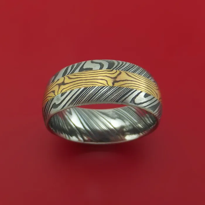 Lashbrook Rings Kuro Damascus Steel and Yellow Gold Mokume Shakudo Gane Inlay Custom Made Band Lashbrook Rings Kuro Damascus Steel and Yellow Gold Mokume Shakudo Gane Inlay Custom Made Band