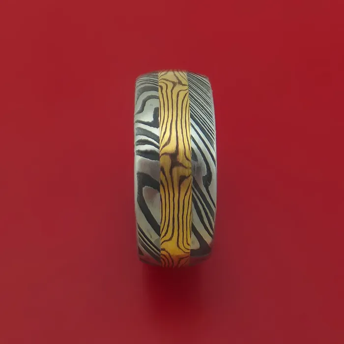Lashbrook Rings Kuro Damascus Steel and Yellow Gold Mokume Shakudo Gane Inlay Custom Made Band Lashbrook Rings Kuro Damascus Steel and Yellow Gold Mokume Shakudo Gane Inlay Custom Made Band