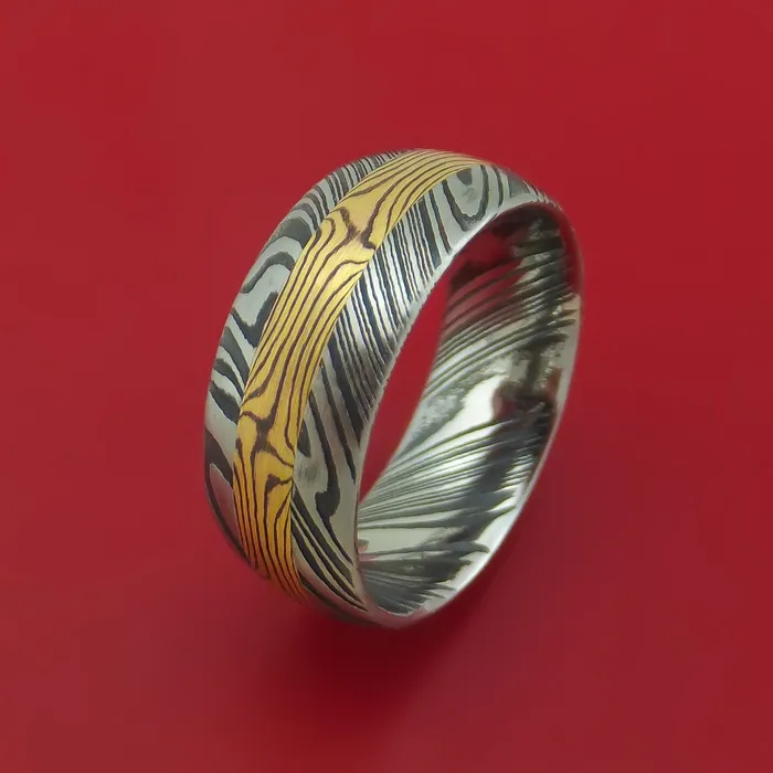 Lashbrook Rings Kuro Damascus Steel and Yellow Gold Mokume Shakudo Gane Inlay Custom Made Band Lashbrook Rings Kuro Damascus Steel and Yellow Gold Mokume Shakudo Gane Inlay Custom Made Band