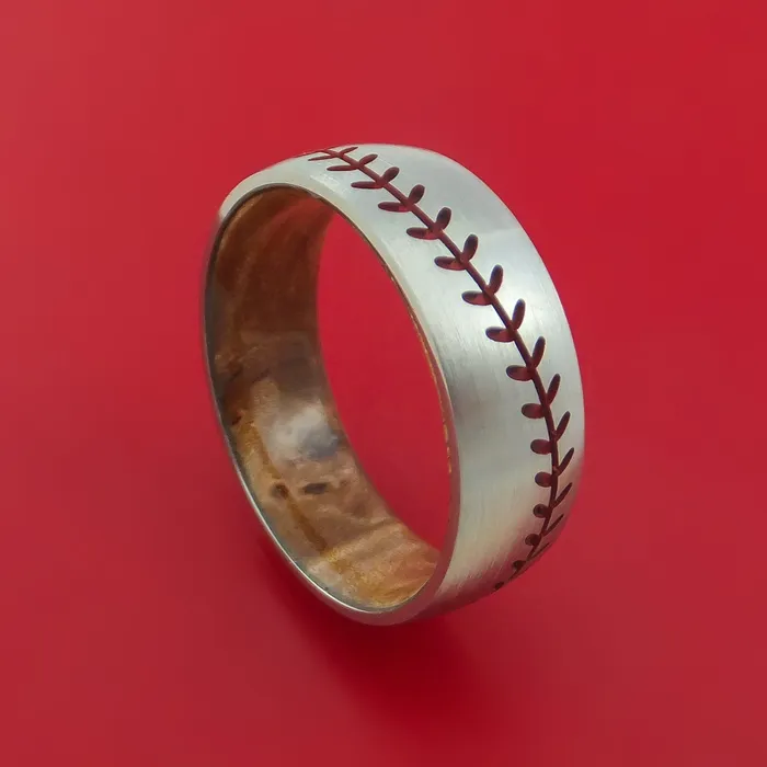 Lashbrook Rings Titanium Ring with Baseball Stitching and Cerakote Inlays and Interior Hardwood Sleeve Custom Made Band Lashbrook Rings Titanium Ring with Baseball Stitching and Cerakote Inlays and Interior Hardwood Sleeve Custom Made Band