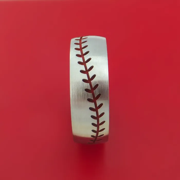 Lashbrook Rings Titanium Ring with Baseball Stitching and Cerakote Inlays and Interior Hardwood Sleeve Custom Made Band Lashbrook Rings Titanium Ring with Baseball Stitching and Cerakote Inlays and Interior Hardwood Sleeve Custom Made Band