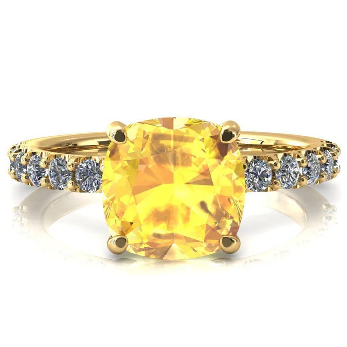 Mylene Cushion Yellow Sapphire 4 Prong Sculptural Half Eternity Diamond Engagement Ring Fire Brilliance Rings