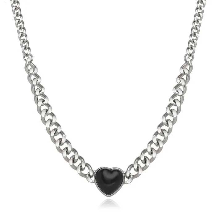 N1262 Silver Black Heart Chain Link Necklace with FREE Earrings 01 Necklaces