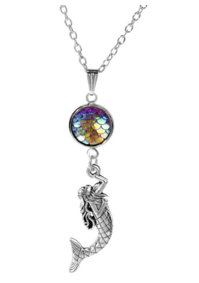 N1723 Silver Iridescent Rainbow Mermaid Fish Scale Necklace With FREE Earrings polly Necklaces