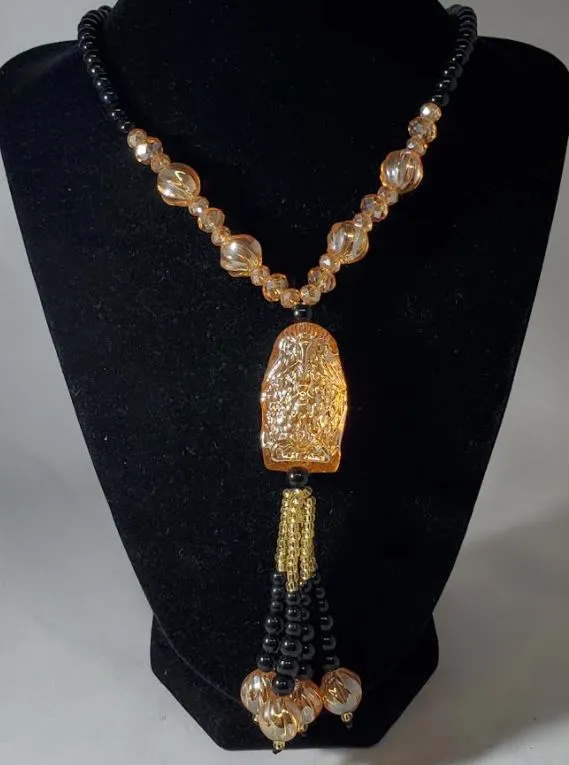 N2073 Black Bead Peach Owl Glass Long Necklace With Free Earrings polly Necklaces