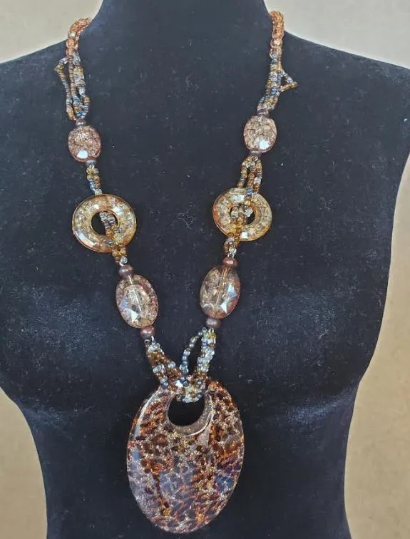 N2113 Brown Bead Glitter Leopard Print Acrylic Long Necklace With Free Earrings polly Necklaces