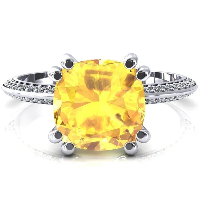 Nancy Cushion Yellow Sapphire 4 Double Prong 12 Eternity Diamond Knife Shank Accent Engagement Ring Fire Brilliance Rings Nancy Cushion Yellow Sapphire 4 Double Prong 12 Eternity Diamond Knife Shank Accent Engagement Ring Fire Brilliance Rings