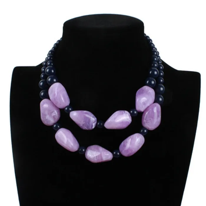 Necklaces 01 N1154 Navy Blue Bead Lavender Stone Necklace with FREE Earrings