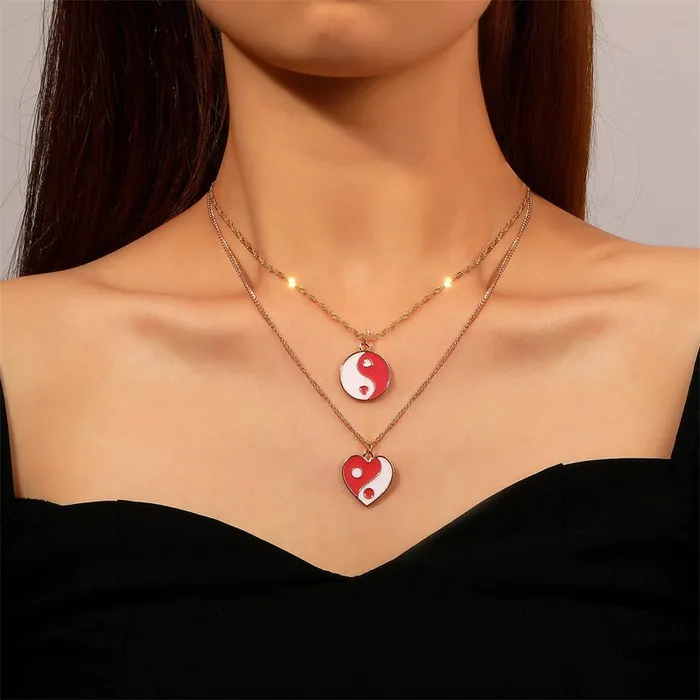 Necklaces 01 N179 Gold Pink Yin Yang Heart Layered Necklace with FREE Earrings