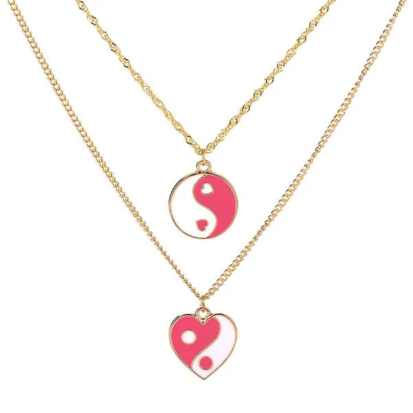 Necklaces 01 N179 Gold Pink Yin Yang Heart Layered Necklace with FREE Earrings