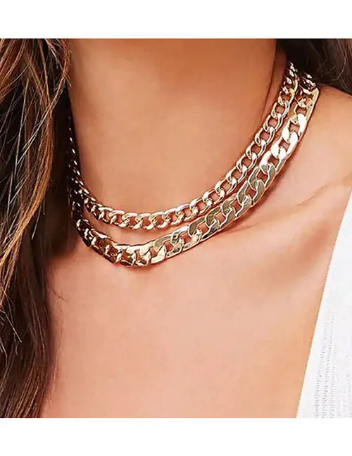 Necklaces 02 AZ61 Gold Layered Chain Choker Necklace with FREE EARRINGS