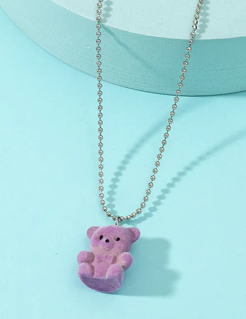 Necklaces 02 L66 Lavender Fuzzy Gummy Bear on Beaded Chain Necklace FREE Earrings