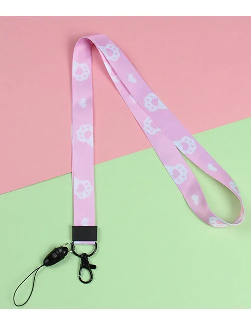 Necklaces 02 LY30 Light Pink Paw Prints Hearts Lanyard