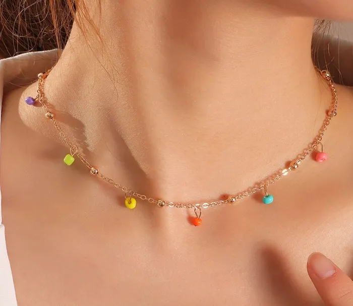 Necklaces 02 N1648 Gold Multi Color Bead Necklace with FREE Earrings