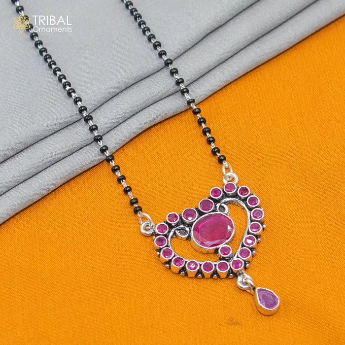 Necklaces 925 sterling silver black beads and red cut stone heart design mangal sutra necklace brides Mangalsutra chunky necklace ms84 TRIBAL ORNAMENTS Necklaces 925 sterling silver black beads and red cut stone heart design mangal sutra necklace brides Mangalsutra chunky necklace ms84 TRIBAL ORNAMENTS