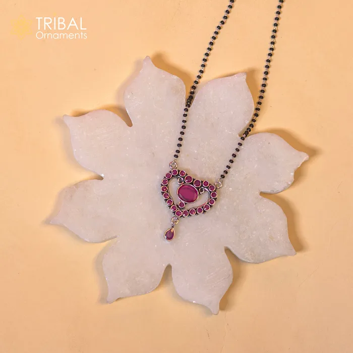 Necklaces 925 sterling silver black beads and red cut stone heart design mangal sutra necklace brides Mangalsutra chunky necklace ms84 TRIBAL ORNAMENTS