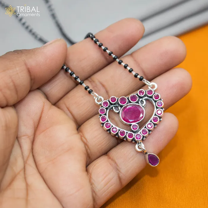 Necklaces 925 sterling silver black beads and red cut stone heart design mangal sutra necklace brides Mangalsutra chunky necklace ms84 TRIBAL ORNAMENTS