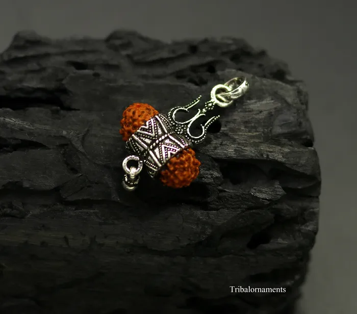Necklaces 925 sterling silver handmade fabulous natural rudraksh lord shiva trident shape vintage design pendant with hanging drops jewelry nsp377 TRIBAL ORNAMENTS