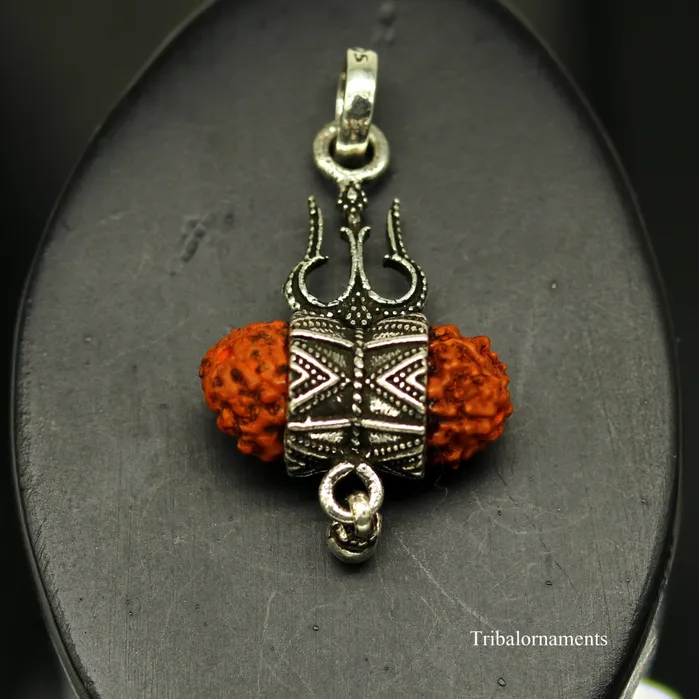 Necklaces 925 sterling silver handmade fabulous natural rudraksh lord shiva trident shape vintage design pendant with hanging drops jewelry nsp377 TRIBAL ORNAMENTS