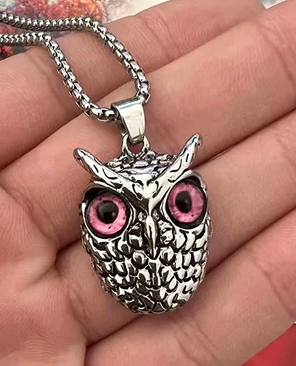 Necklaces AZ1195 Silver Pink Eye Owl Necklace with FREE Earrings 02