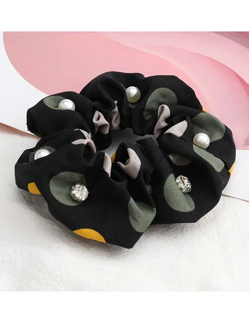 Necklaces H571 Black Polka Dot with Pearls Rhinestones Hair Scrunchie 02