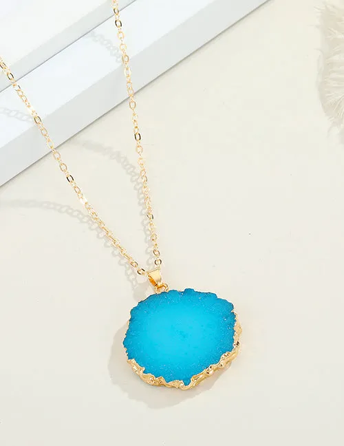 Necklaces N1772 Gold Blue Round Imitation Natural Stone Necklace with FREE Earrings 02