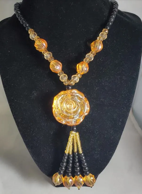 Necklaces N1948 Black Bead Champagne Rose Glass Long Necklace With Free Earrings polly
