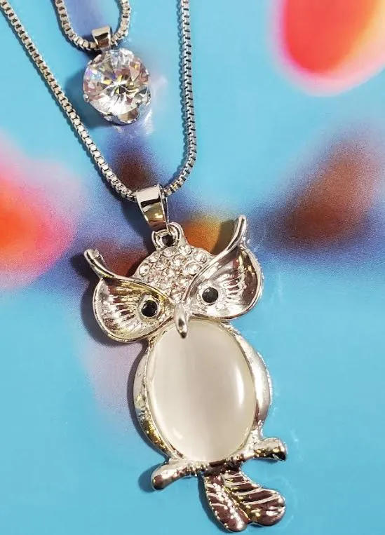 Necklaces polly AZ326 Silver Moonstone Owl Necklace with FREE Earrings