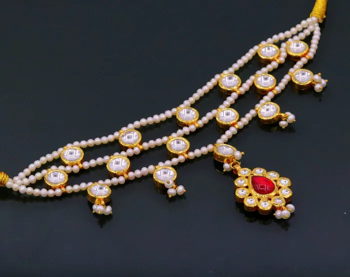 Necklaces TRIBAL ORNAMENTS 22K yellow gold handmade traditional Rajput antique style solid gold necklace with gorgeous tiny peal stone from Rajasthan India