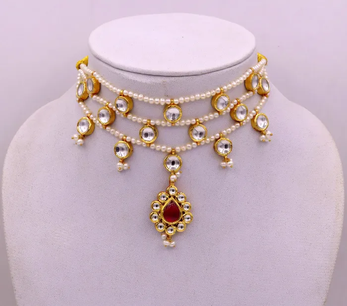 Necklaces TRIBAL ORNAMENTS 22K yellow gold handmade traditional Rajput antique style solid gold necklace with gorgeous tiny peal stone from Rajasthan India