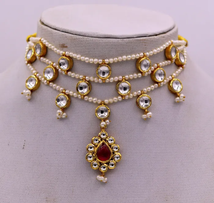 Necklaces TRIBAL ORNAMENTS 22K yellow gold handmade traditional Rajput antique style solid gold necklace with gorgeous tiny peal stone from Rajasthan India