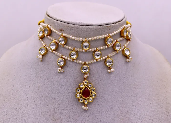 Necklaces TRIBAL ORNAMENTS 22K yellow gold handmade traditional Rajput antique style solid gold necklace with gorgeous tiny peal stone from Rajasthan India